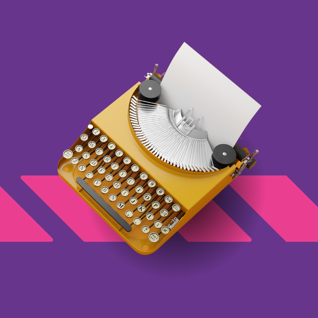 yellow typewriter on a purple background with pink shapes