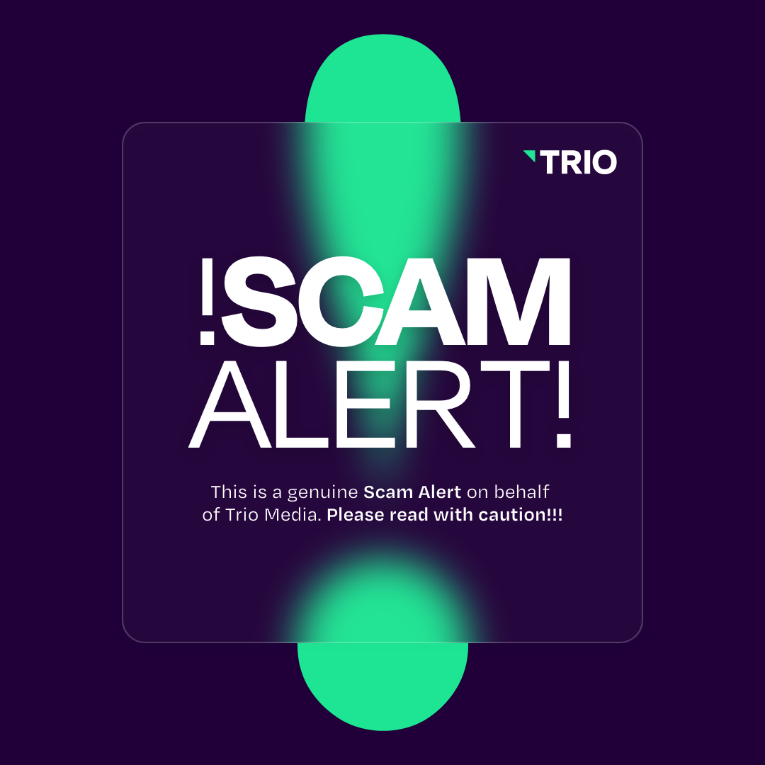 Exclamation mark icon in Trio Media brand colours with Scam Alert written over the top