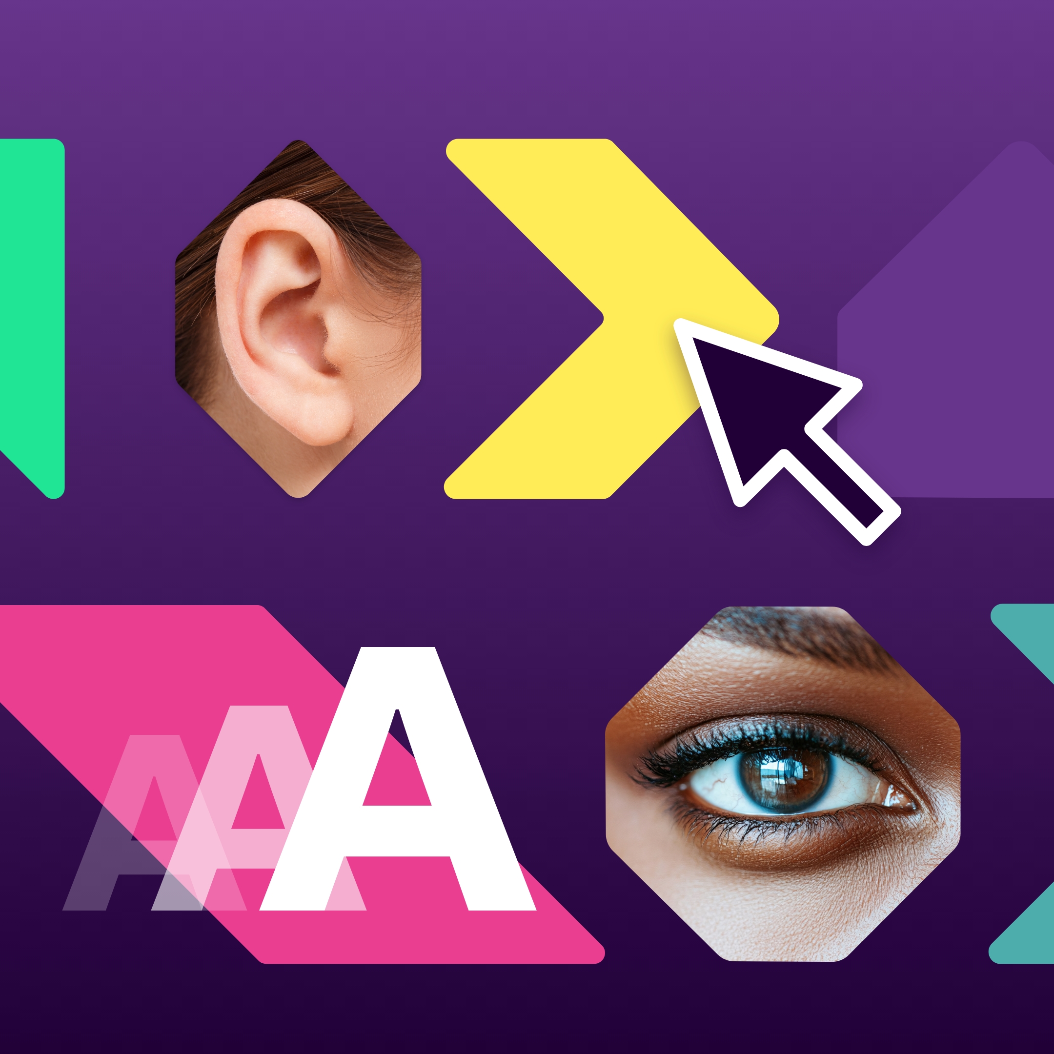 accessibility image with eyes, ears, a clicking cursor and 'AAA' to indicate the WCAG AA or AA standards