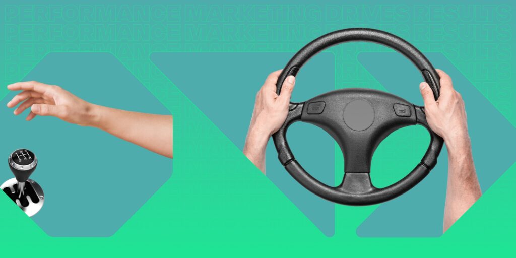 Two hand cuts outs, one holding a steering wheel and the other hoovering over a gear stick