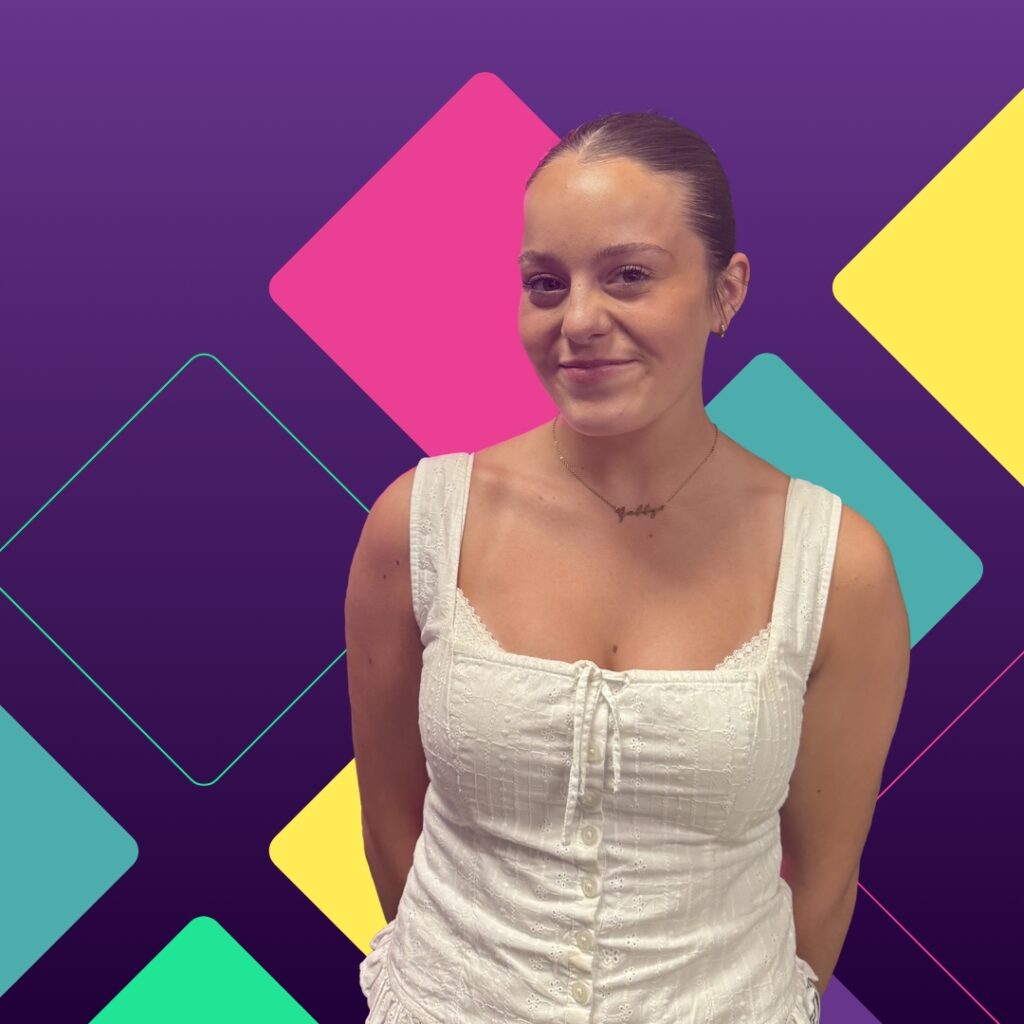 Colourful branded graphic with a cut out of a woman called Gabby
