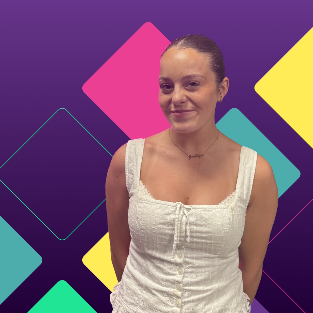 Colourful branded graphic with a cut out of a woman called Gabby