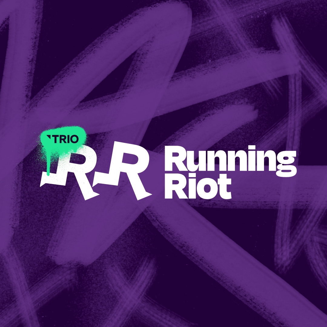 A purple image with graffiti style swipes on the background, in the front there is the trio logo, looking like a fresh spray paint with paint dripping down and then 'RR Running Riot' written in white