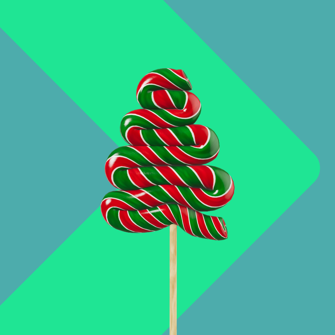 3D rock lolly shaped like a Christmas tree on Trio green branded graphics