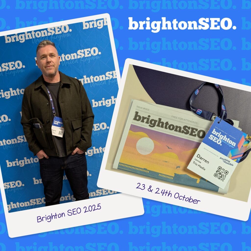 Darren at brighton seo conference in two polaroid pictures on a blue background