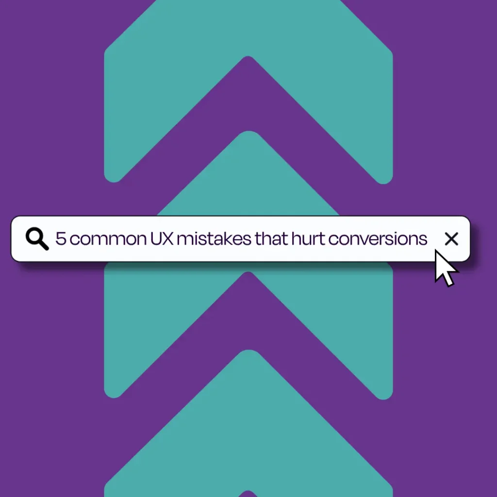 Search bar displaying "5 common UX mistakes that hurt conversions" with teal arrows on a purple background.