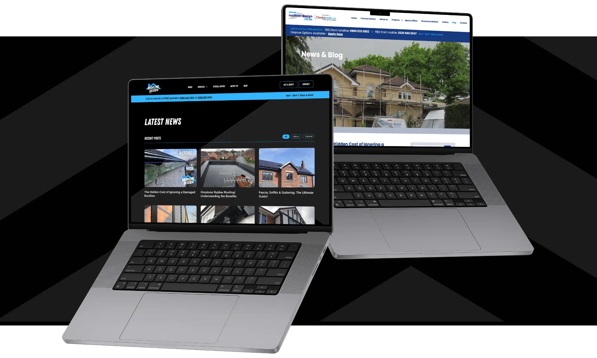 Two laptops displaying the Roofline website; one of the old Roofline website news area, and one of the newly designed blog area on the new website.