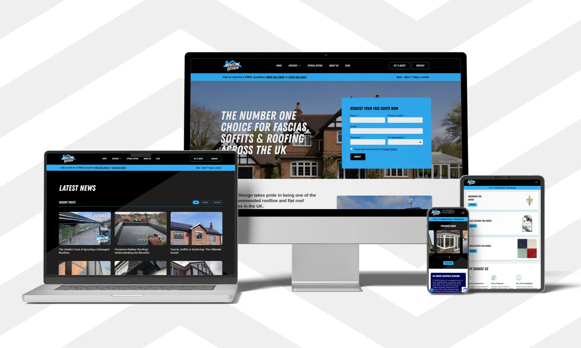 Three devices display the same website featuring roofing services, with a contact form and blog post previews.