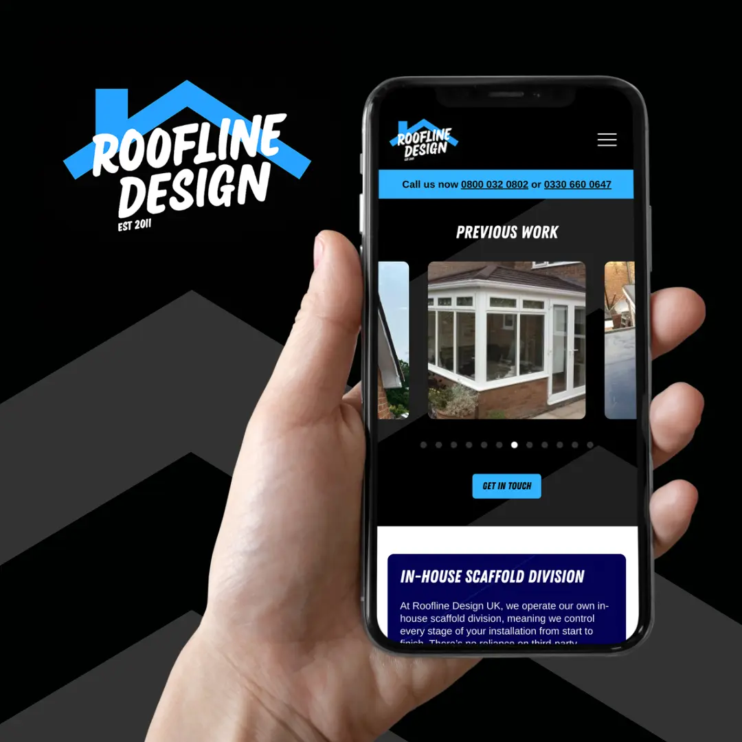 Hand holding a smartphone displaying the Roofline Design website with previous work and contact information.