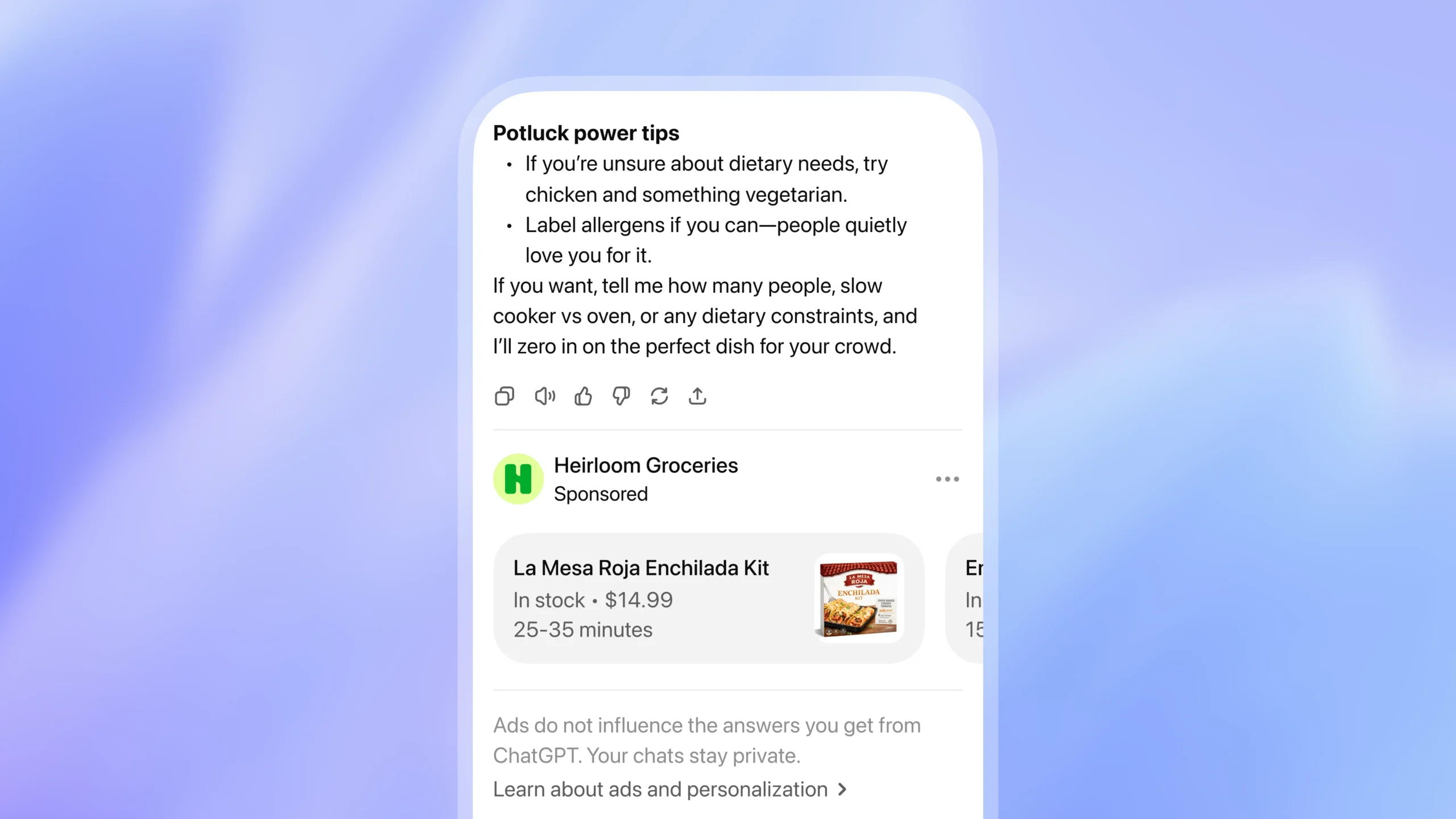 A user interface mockup displaying a conversational ChatGPT ad format.