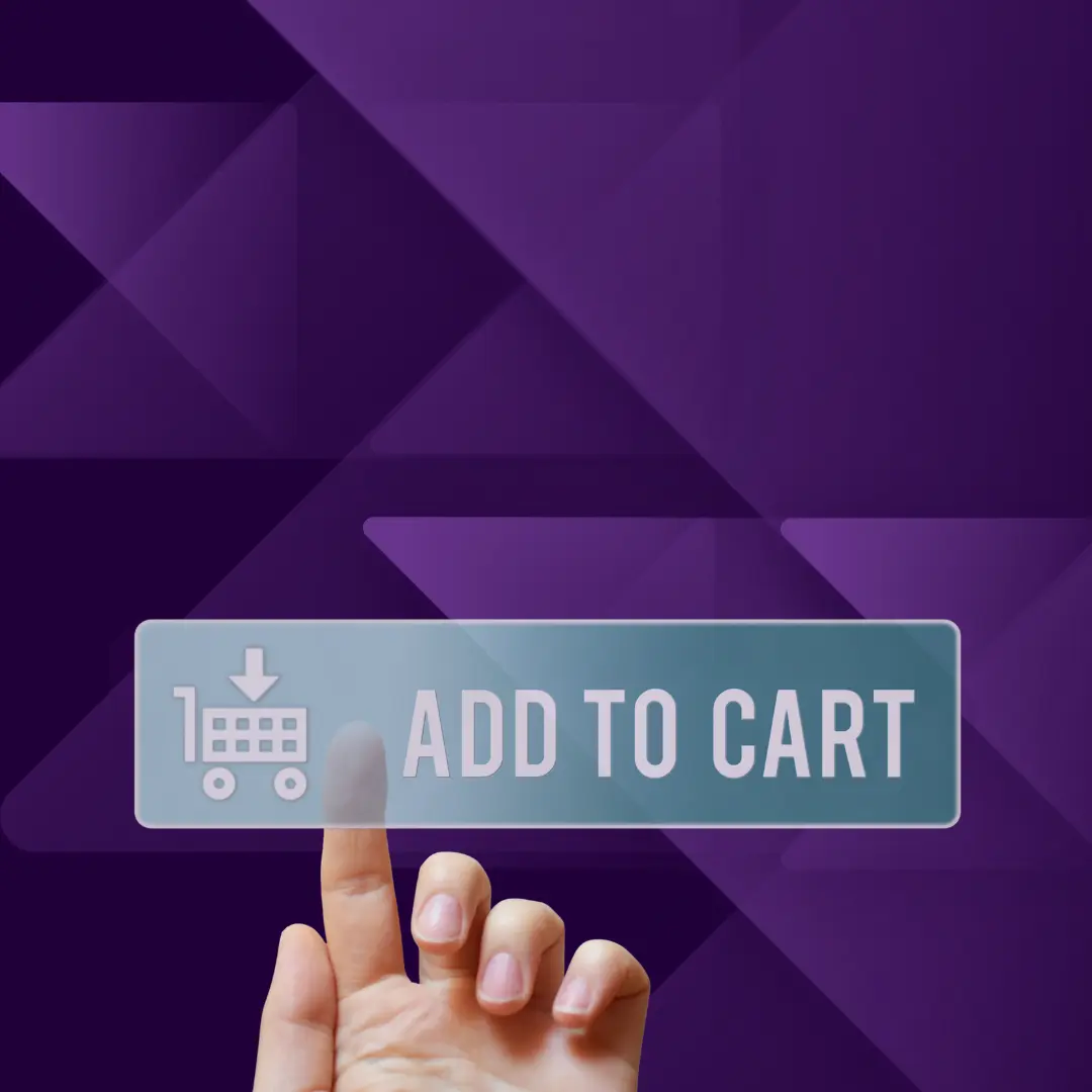 A hand reaching up to press a glowing, semi-transparent 'Add to Cart' button featuring a shopping cart icon, set against a dark purple geometric background.