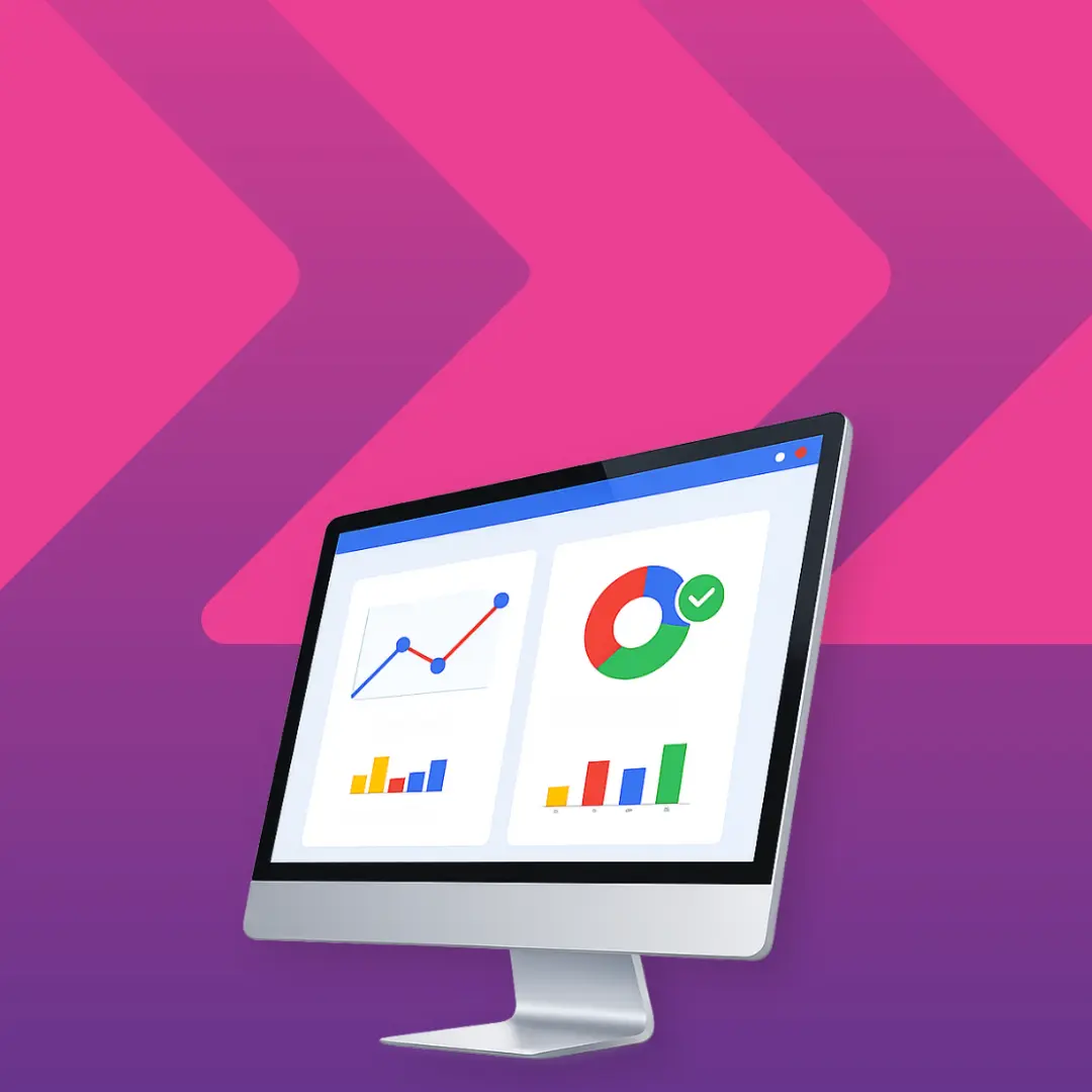 Desktop computer displaying two data visualization charts on a gradient pink and purple background.
