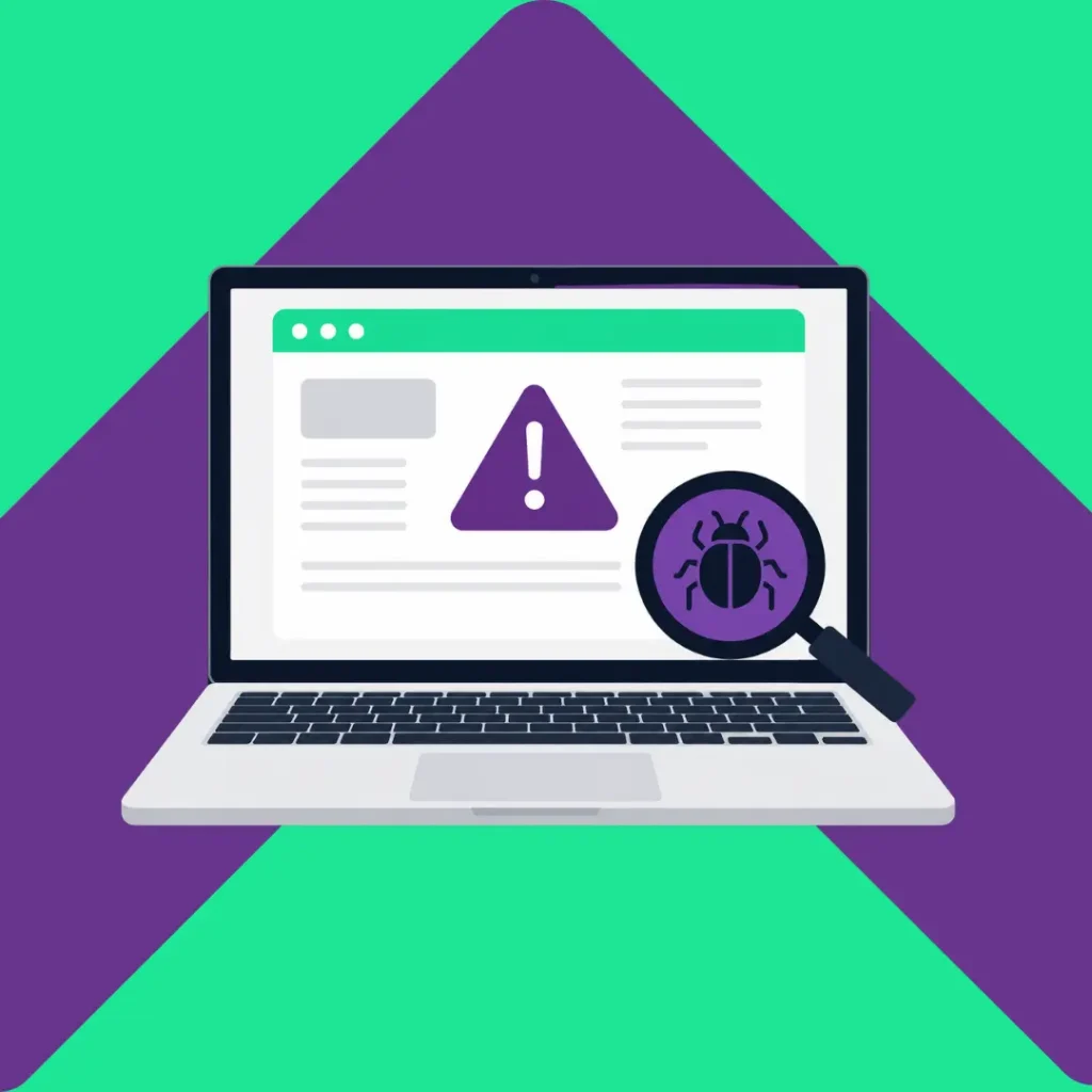 Laptop displaying a warning symbol and a magnifying glass with a bug icon against a green and purple background.