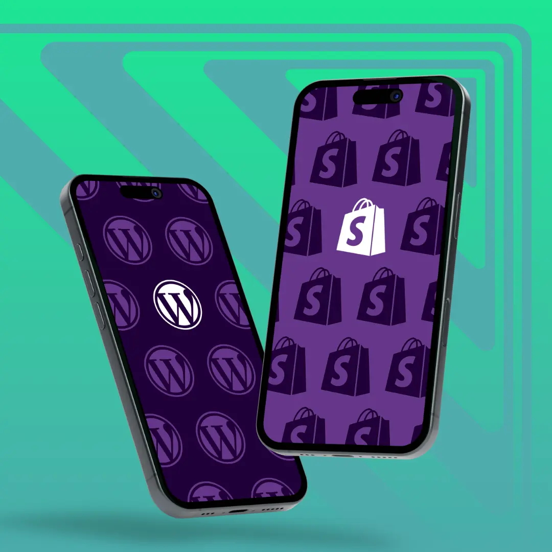 two mobile phones with one showing the WordPress logo and one showing the Shopify logo