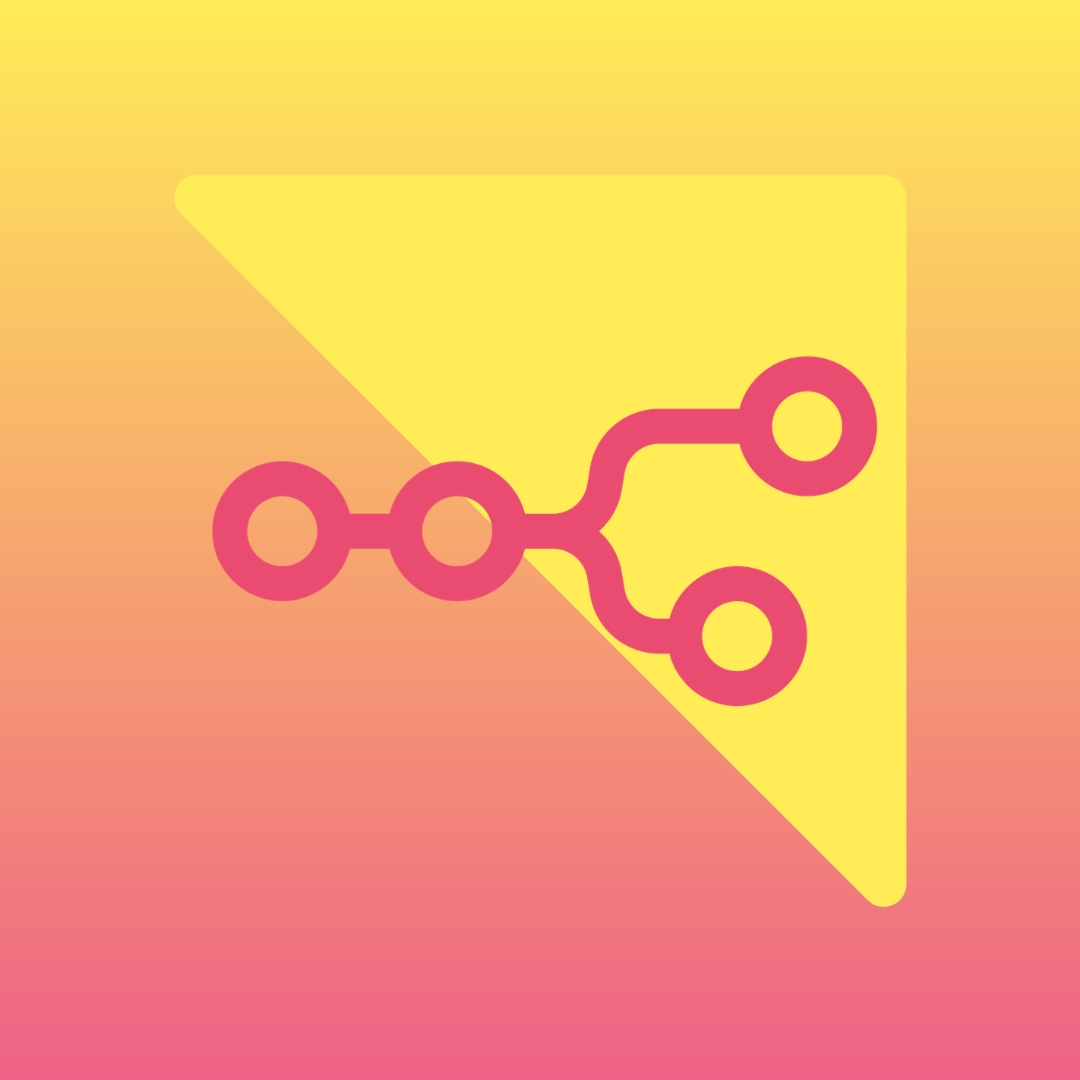 A graphic featuring a pink Git-style branching icon with four connected nodes. The icon sits on a translucent light-yellow rounded triangle, set against a smooth colour gradient shifting from warm yellow at the top to vibrant pink at the bottom.