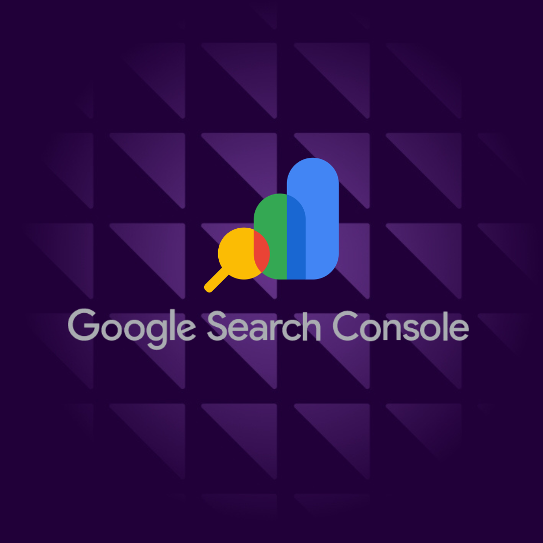 Google Search Console logo on a purple background with triangles in a repetitive pattern