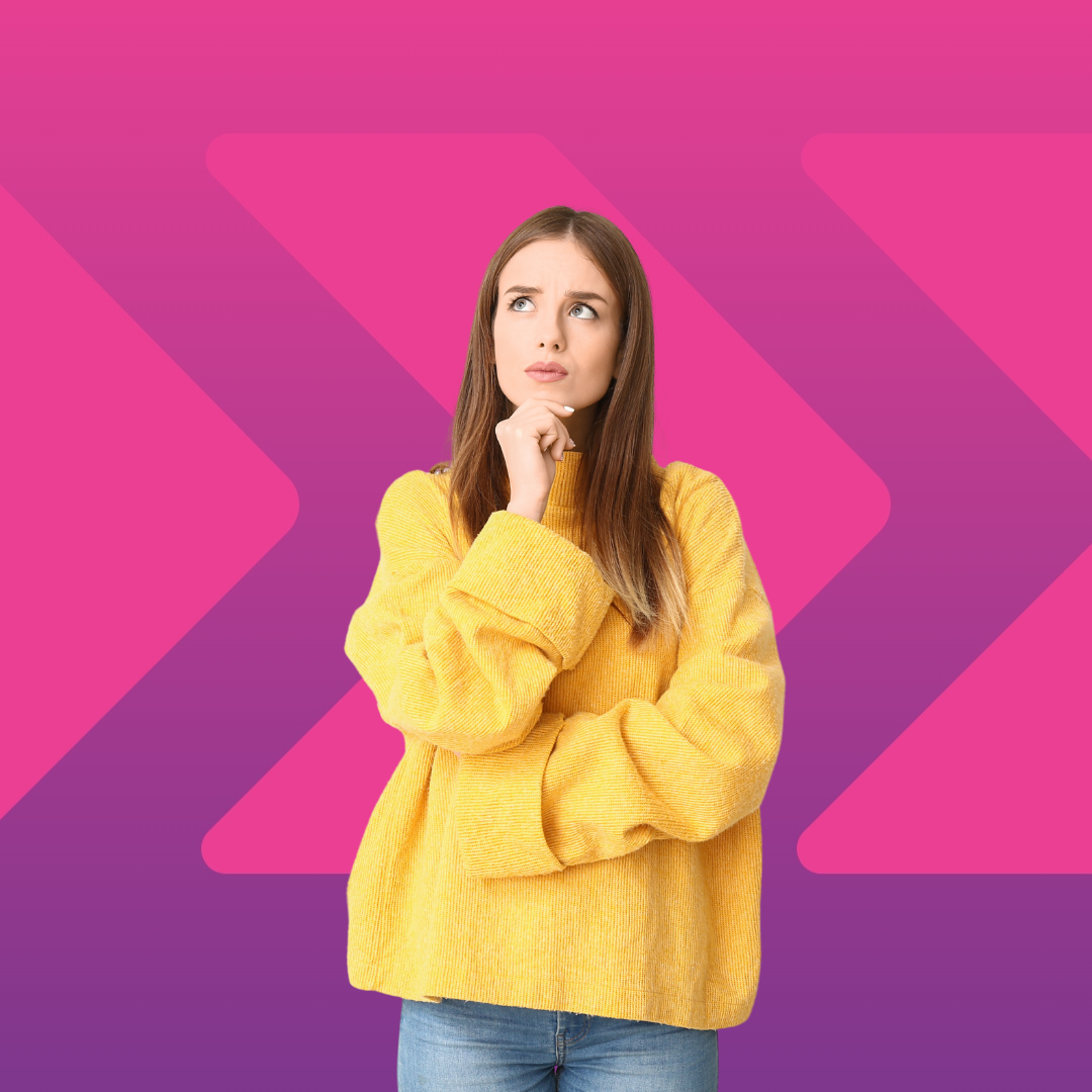 Woman wearing a yellow jumper in thinking pose